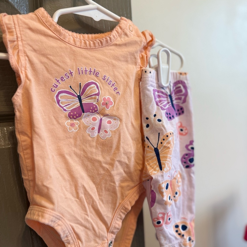 Peach Butterfly Baby Onesie and Pants Set